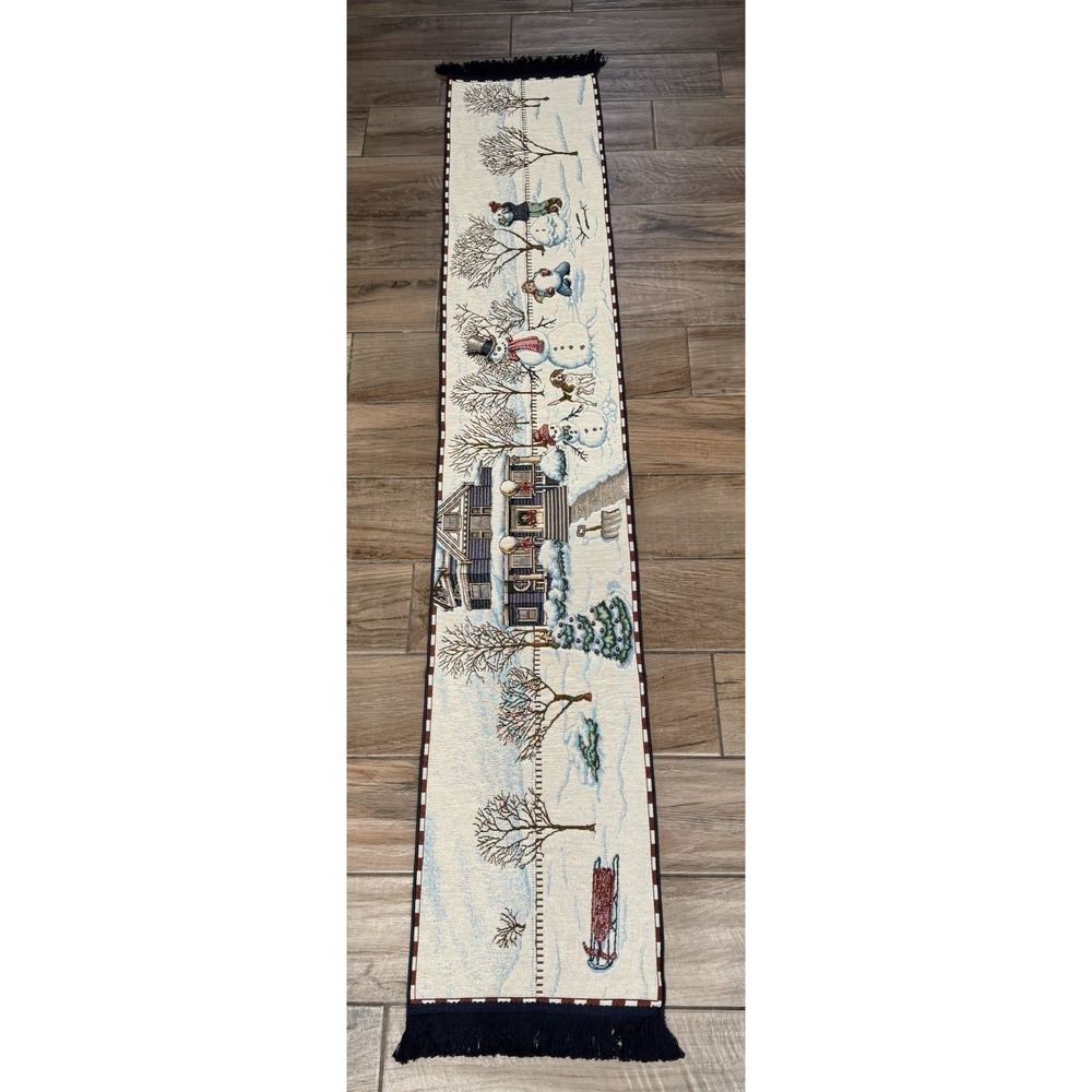 Christmas Table Runner Long 13x75 Inch Kids Building Snowman Woven Tapestry EUC